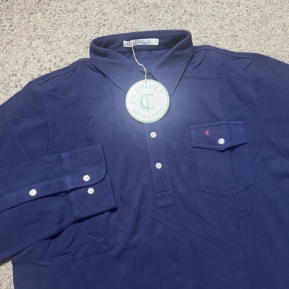 CRIQUET Mens Large Long Sleeve Polo Shirt Navy Blue Golf Performance Rugby NWT